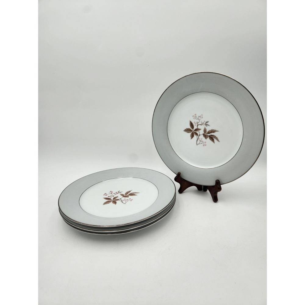 4 Noritake China #5447 Leaves Berries Dinner Plates Gray band pink berries 1950s